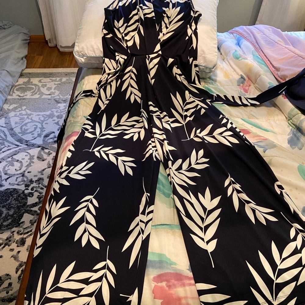 Black and White Leaf Print Jumpsuit